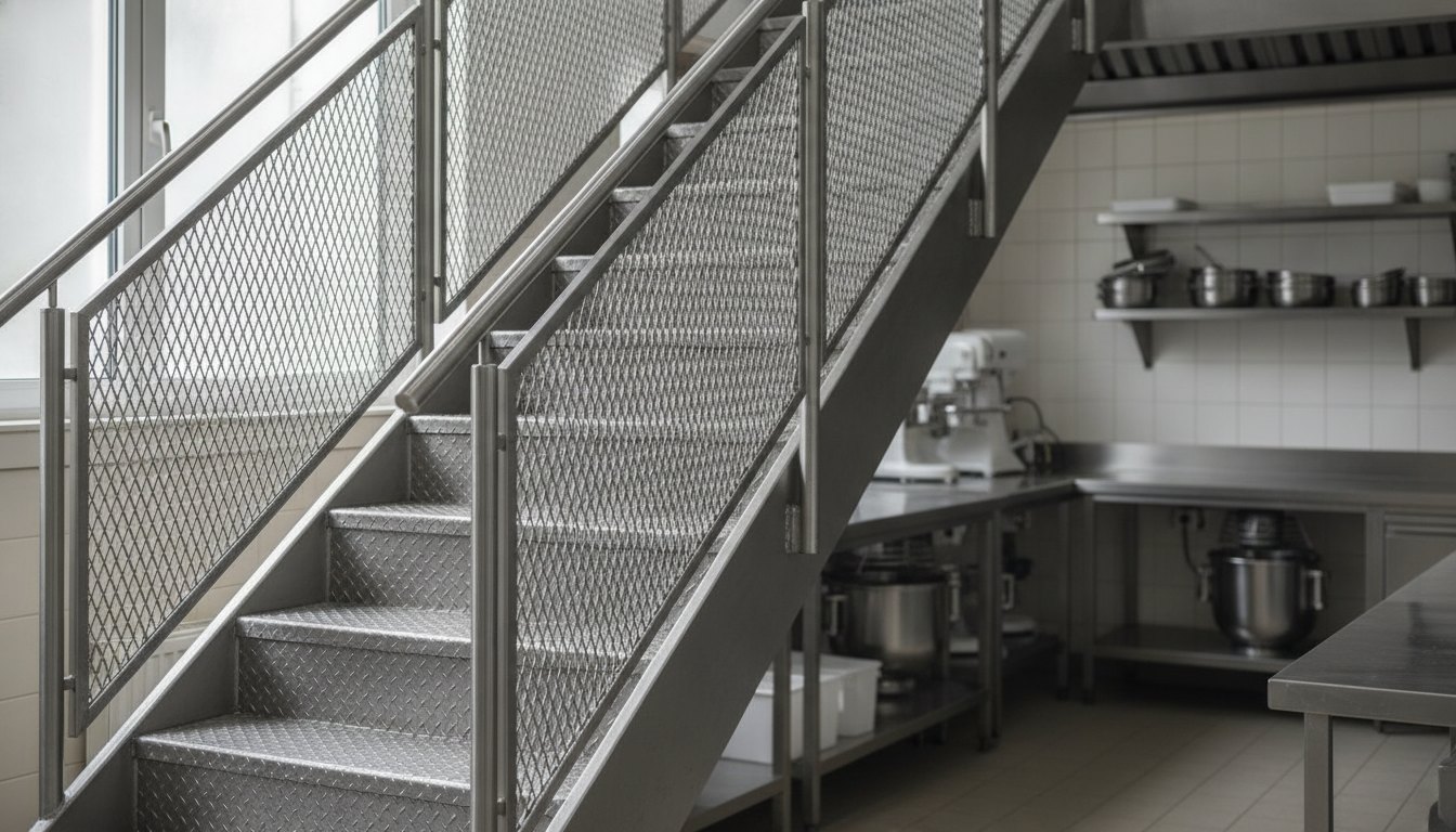 Escada metálica em uma cozinha industrial com degraus antiderrapantes e redes de contenção nas laterais.