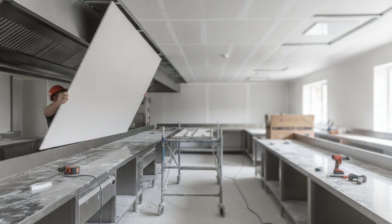 Trabalhador instalando placas de gesso no teto de uma cozinha industrial com bancadas de inox.