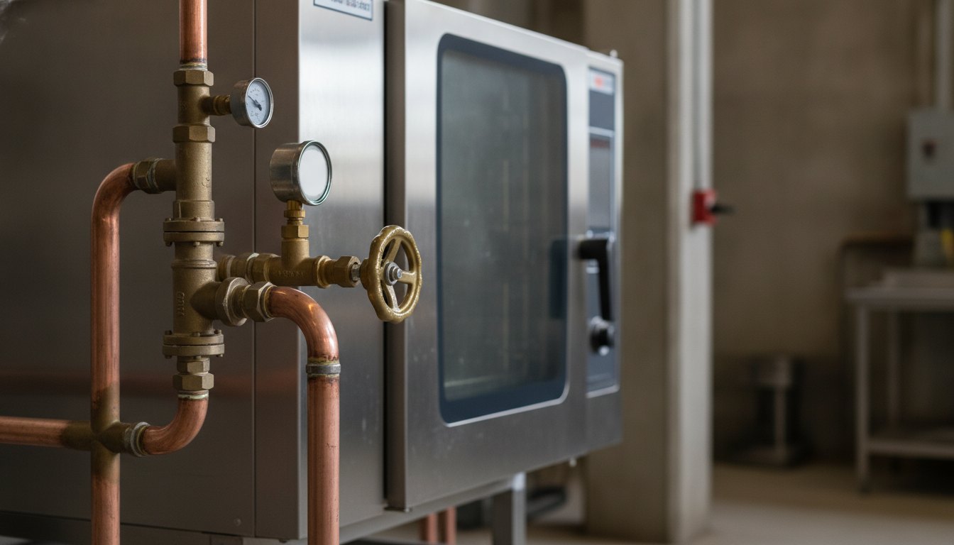 Tubulações de cobre e registros industriais conectados a um forno combinado de aço inox.