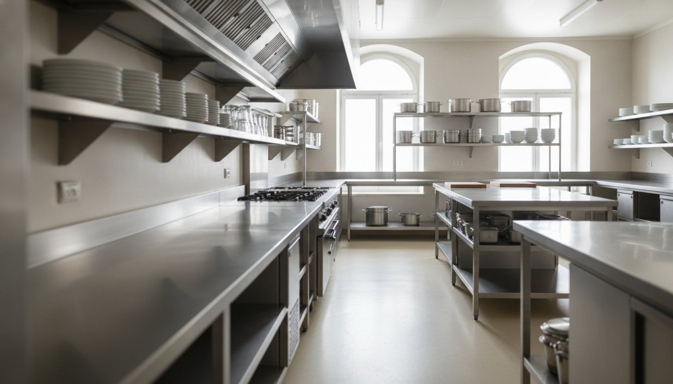 Cozinha comercial vazia com piso claro, bancadas de aço inox limpas e prateleiras organizadas.