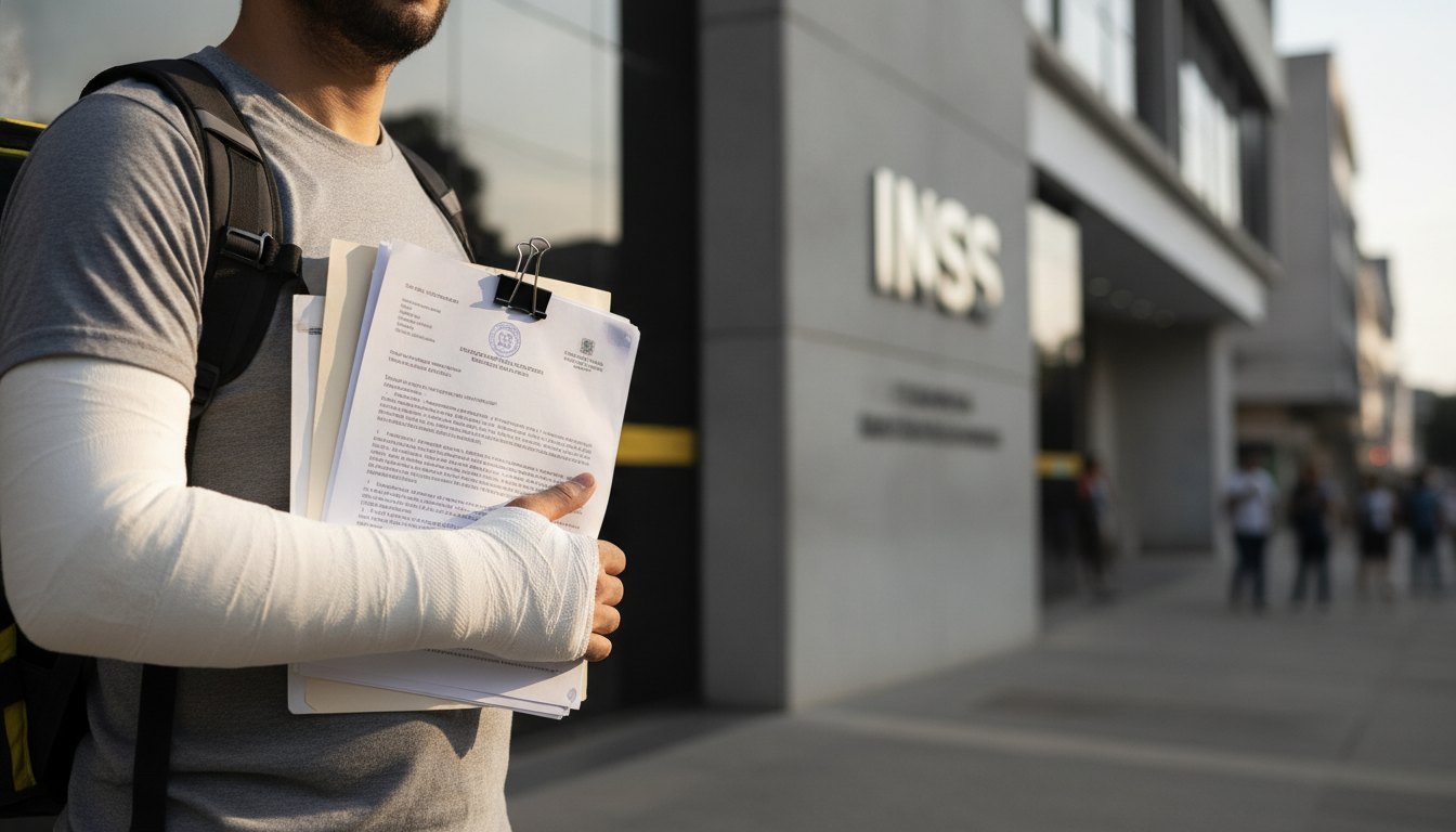 Entregador de aplicativo com braço engessado segurando documentos em frente a uma agência do INSS.