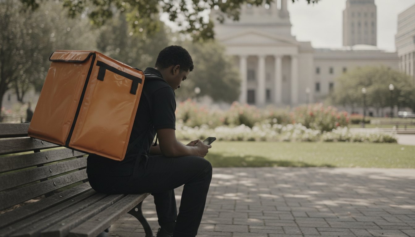 Entregador com mochila térmica conferindo celular enquanto senta em uma praça pública