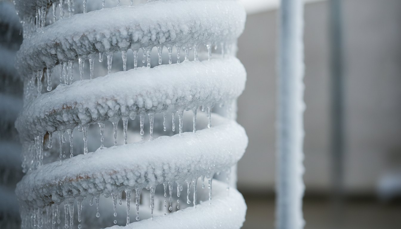 Serpentina de equipamento de refrigeração coberta por grossa camada de gelo branco e gotas de água.