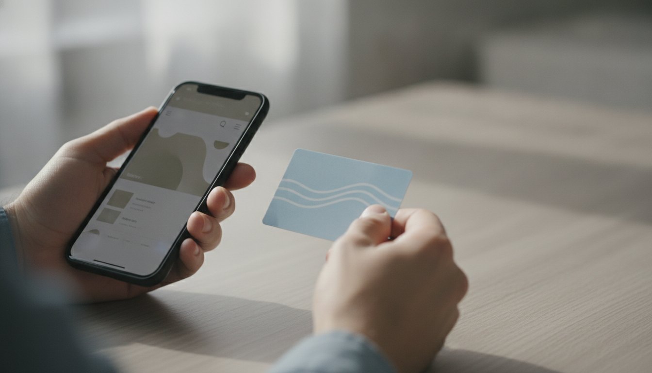 Mão segurando um smartphone com aplicativo de comida aberto e cartão de benefícios na outra