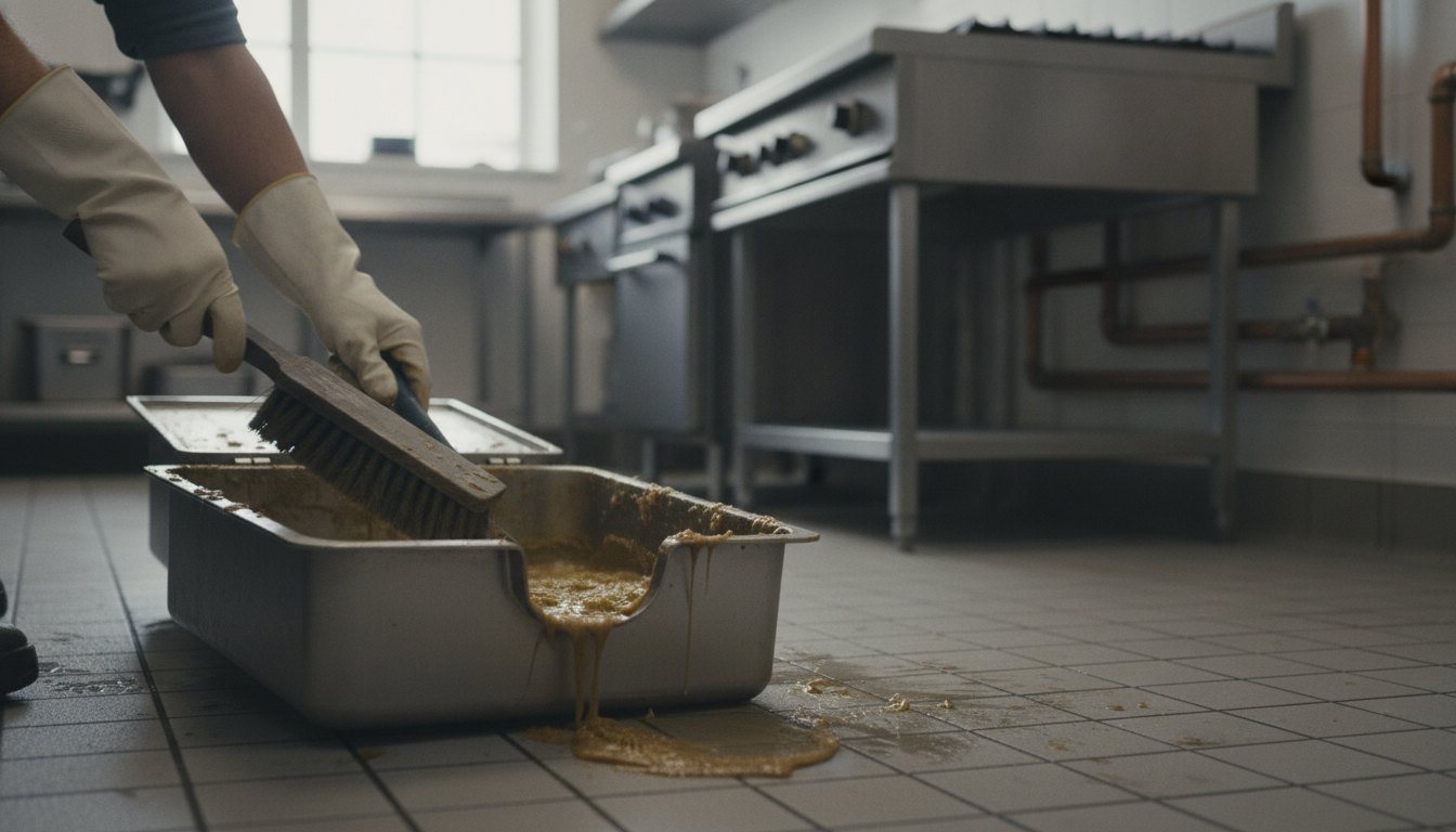 Profissional com luvas limpando uma caixa de gordura de aço inox no chão da cozinha.
