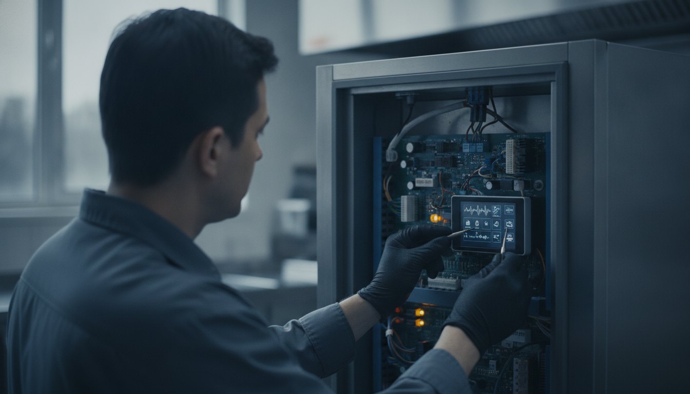 Técnico ajustando o painel de controle digital de um refrigerador comercial em aço inox.