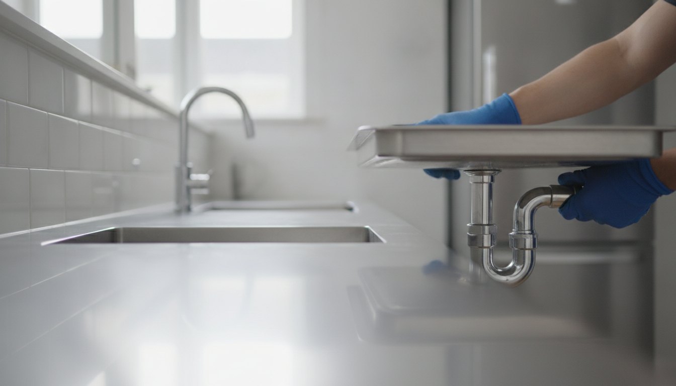 Profissional com luvas ajustando o sifão debaixo de uma pia de aço inox em cozinha.