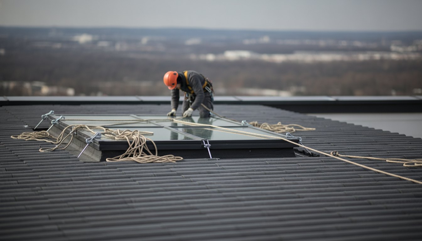 Trabalhador instalando ganchos e cordas de segurança ao redor de uma claraboia no telhado.