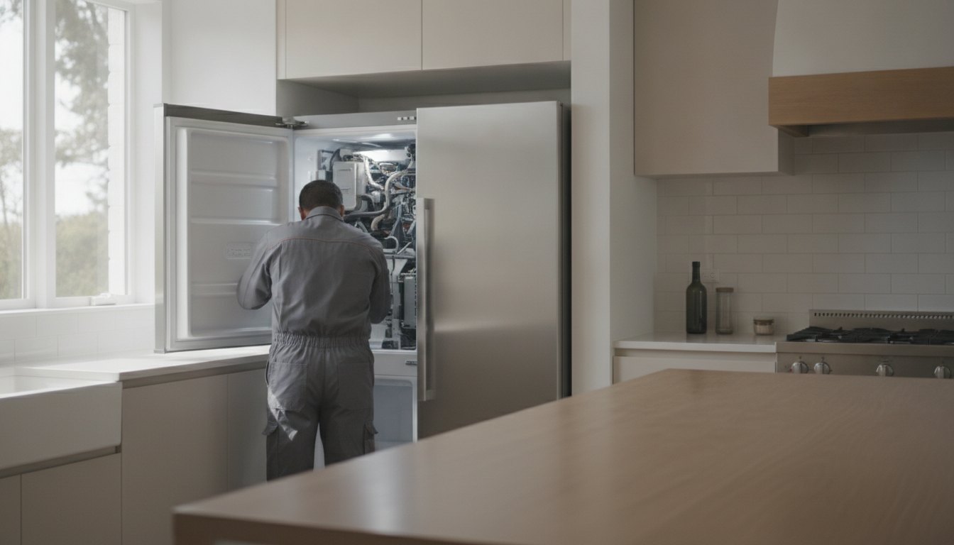Técnico de uniforme cinza inspecionando o motor de uma geladeira metálica em uma cozinha clara.