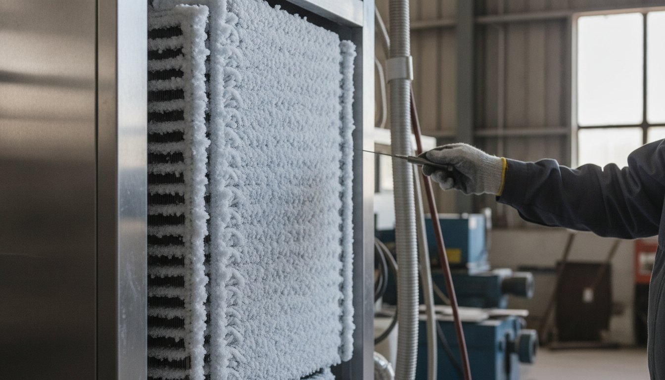 Técnico inspecionando uma serpentina coberta de gelo em um equipamento de refrigeração comercial.