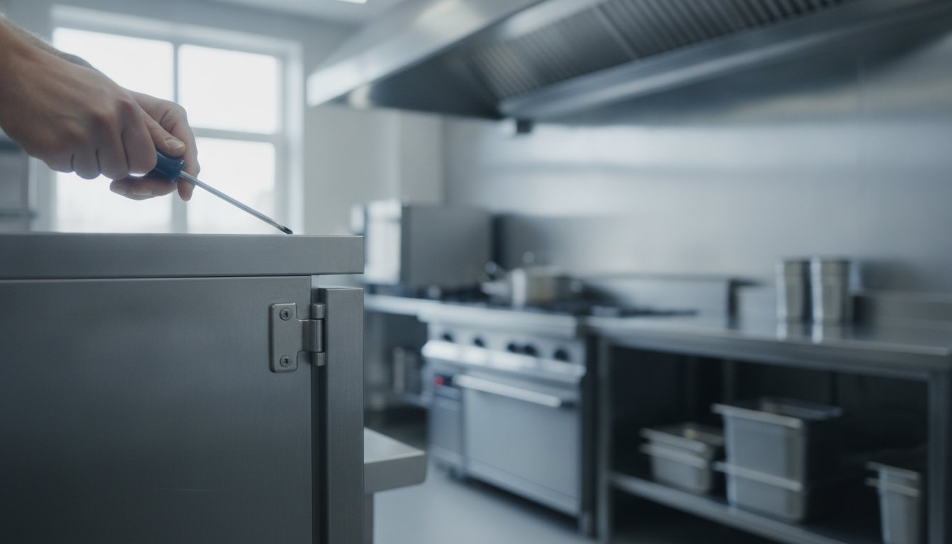 Profissional ajustando a dobradiça de um armário de metal em uma cozinha comercial.