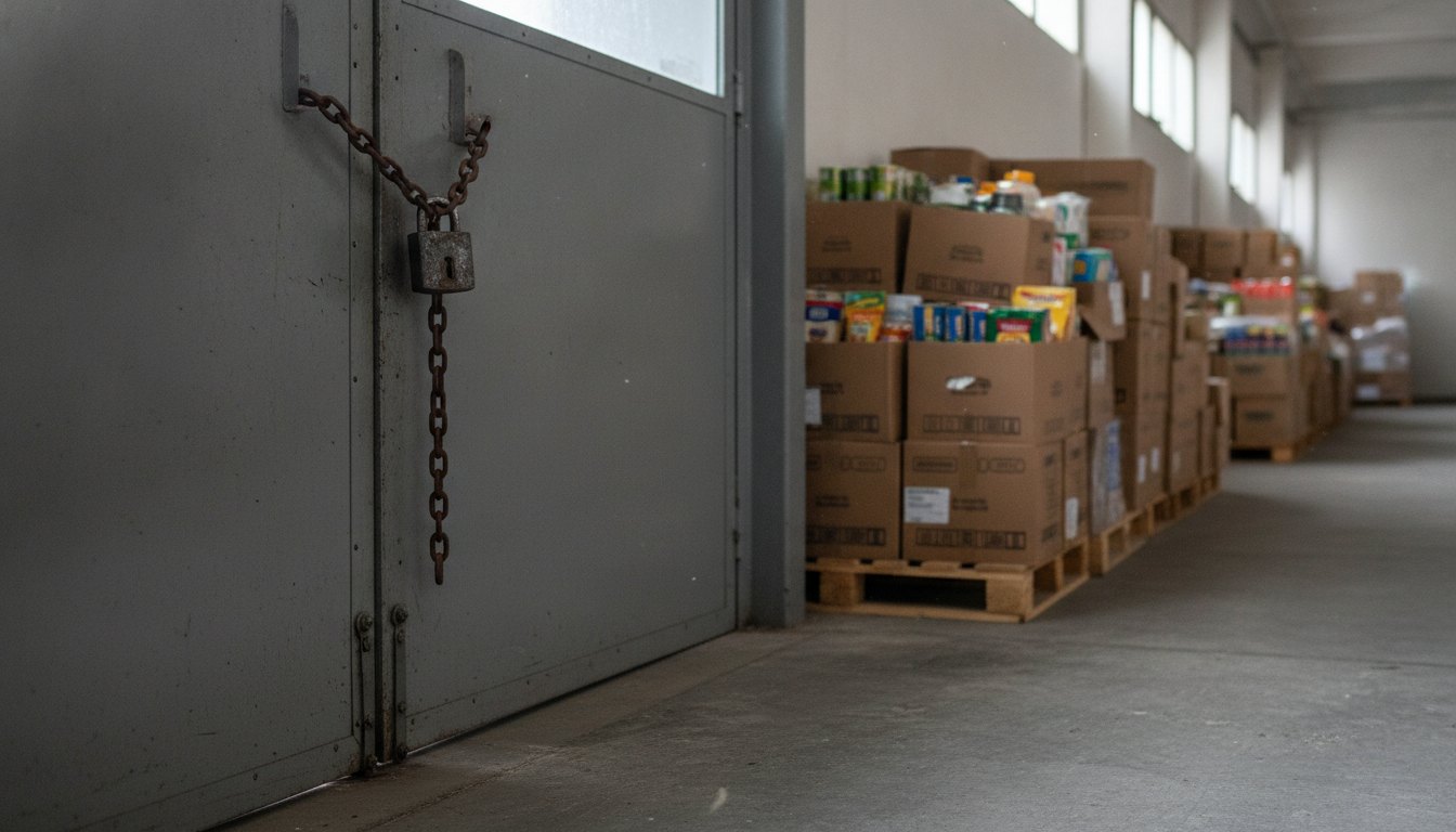 Porta de metal trancada em um corredor de armazém com caixas de alimentos empilhadas.