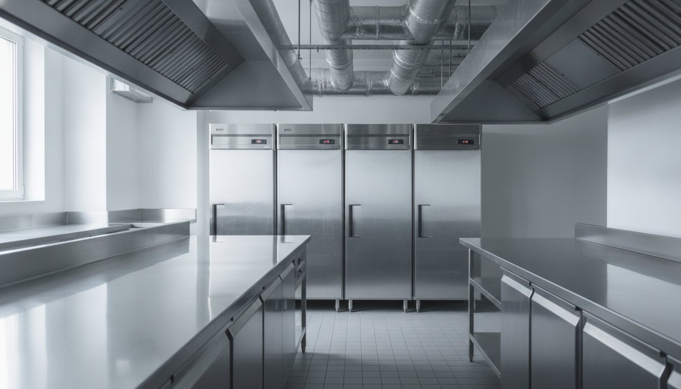 Cozinha industrial com bancadas de inox, geladeiras comerciais e sistema de ventilação no teto.