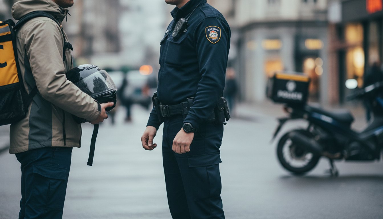 Entregador de aplicativo com capacete nas mãos conversando com um policial na rua.