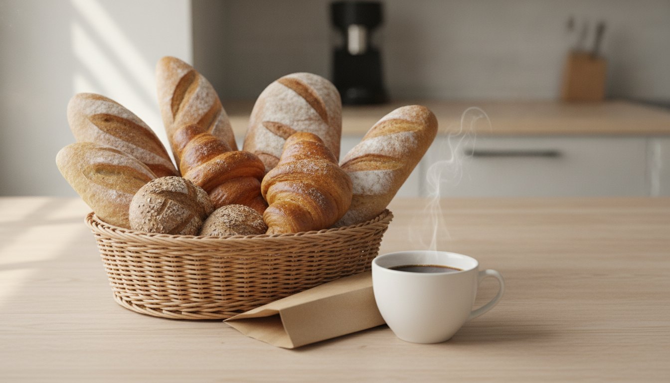 cesta de pães variados e uma xícara de café sobre uma mesa de madeira clara