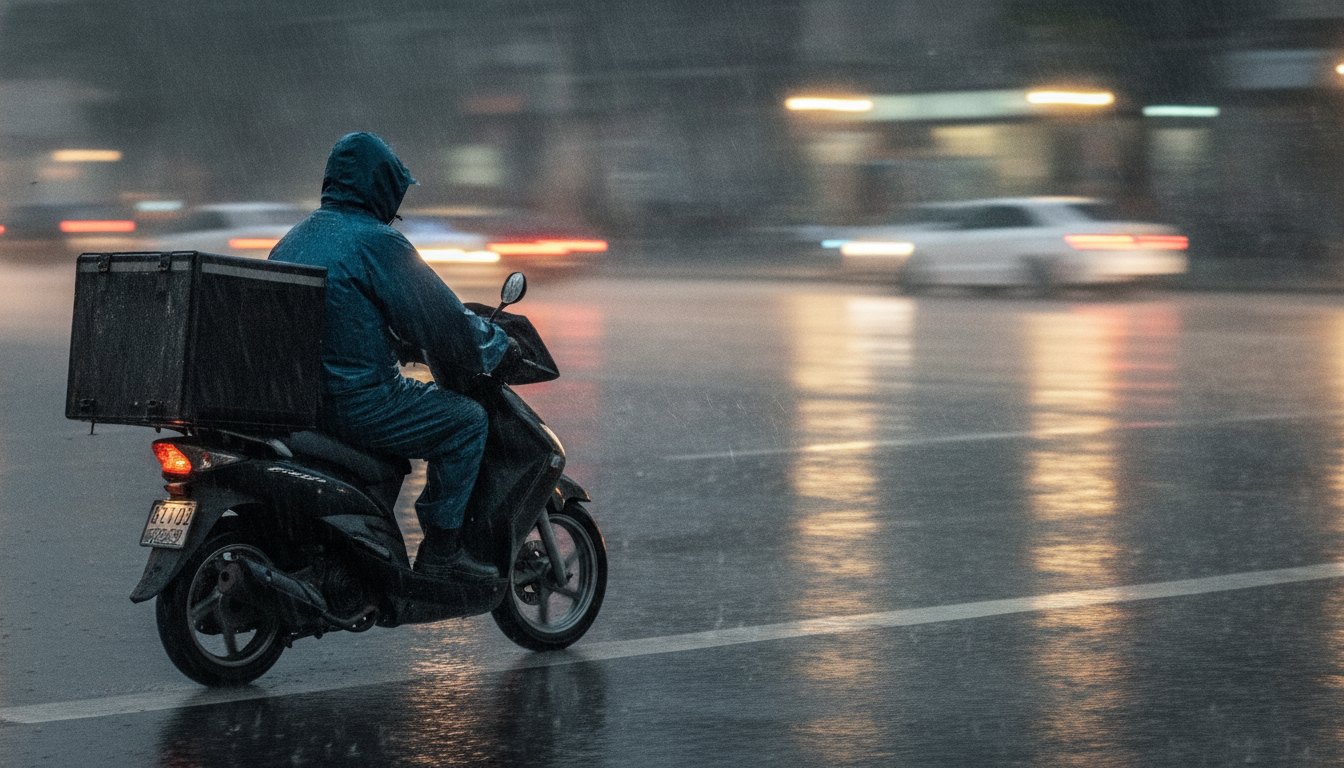 Entregador de capa de chuva conduzindo motocicleta em rua molhada durante tempestade urbana noturna.