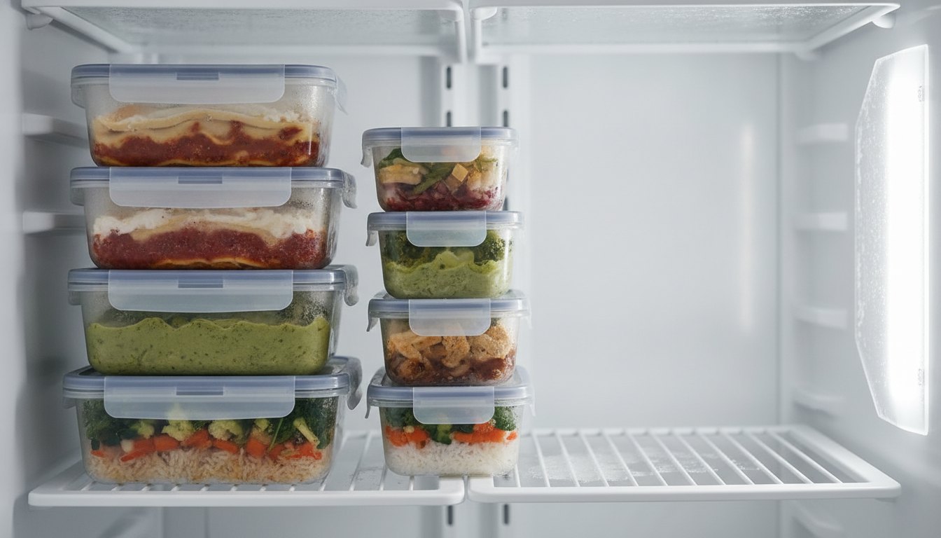 Pilha de potes retangulares com comida congelada armazenados nas prateleiras de um freezer doméstico.