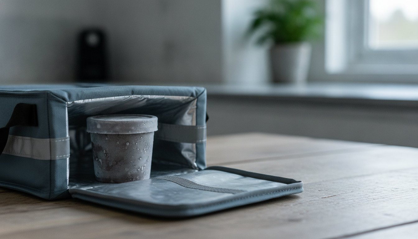 Pote de sorvete lacrado dentro de uma bolsa térmica de entrega apoiada sobre uma mesa.