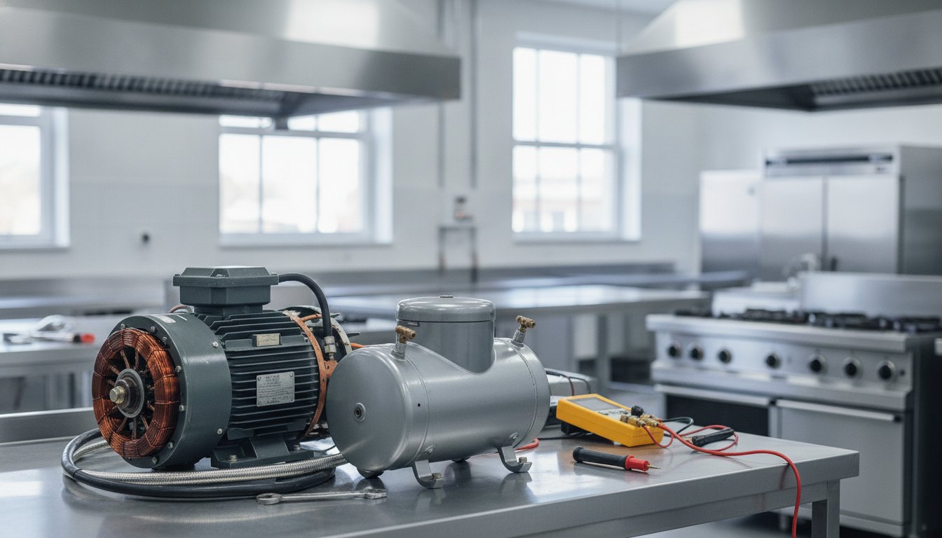 Motor elétrico e compressor de refrigeração expostos durante inspeção técnica em uma cozinha industrial.