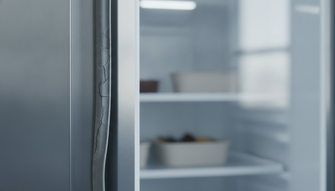 Borracha de vedação gasta na porta entreaberta de um refrigerador comercial de aço inox.