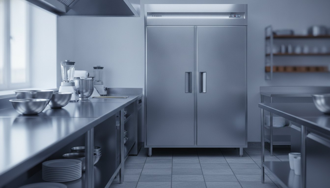 Cozinha industrial com bancadas de inox ao lado de uma geladeira comercial de duas portas.