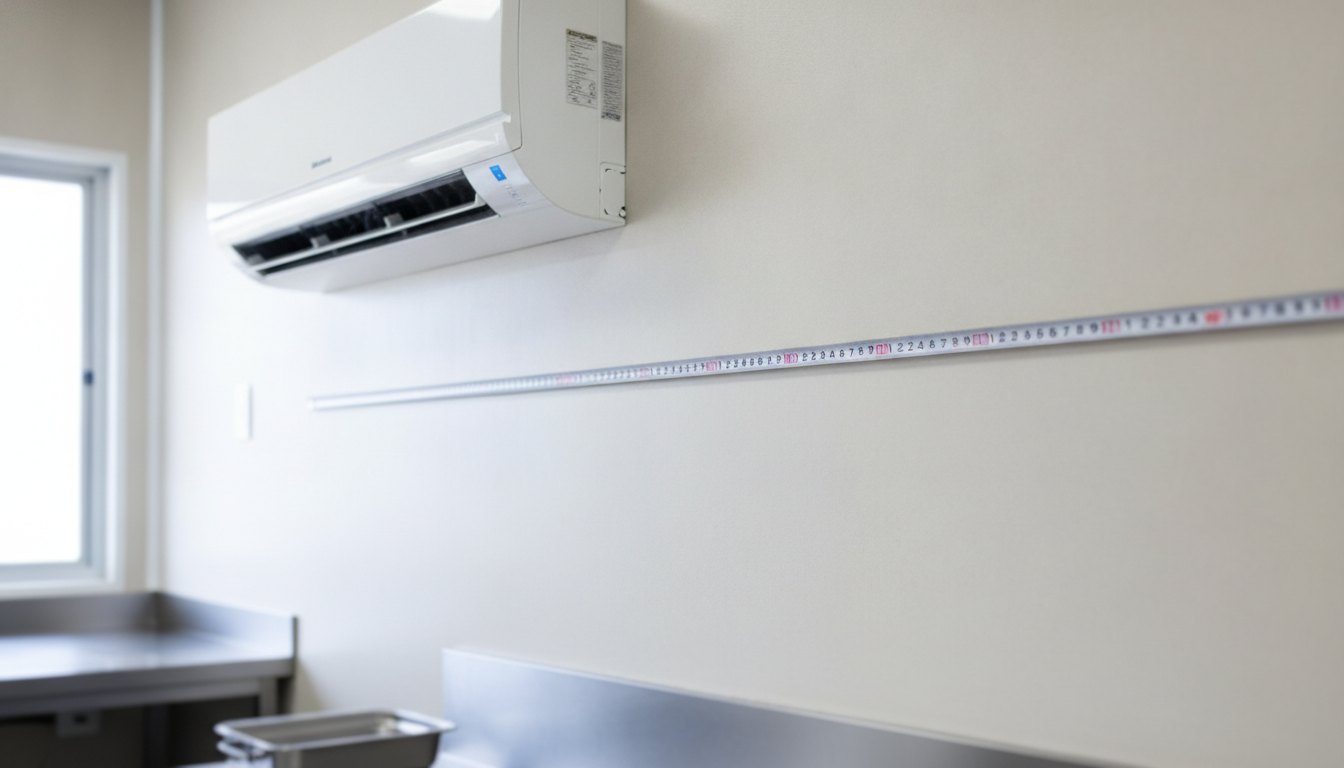 Técnico medindo a parede da cozinha industrial perto de um aparelho de ar-condicionado branco.