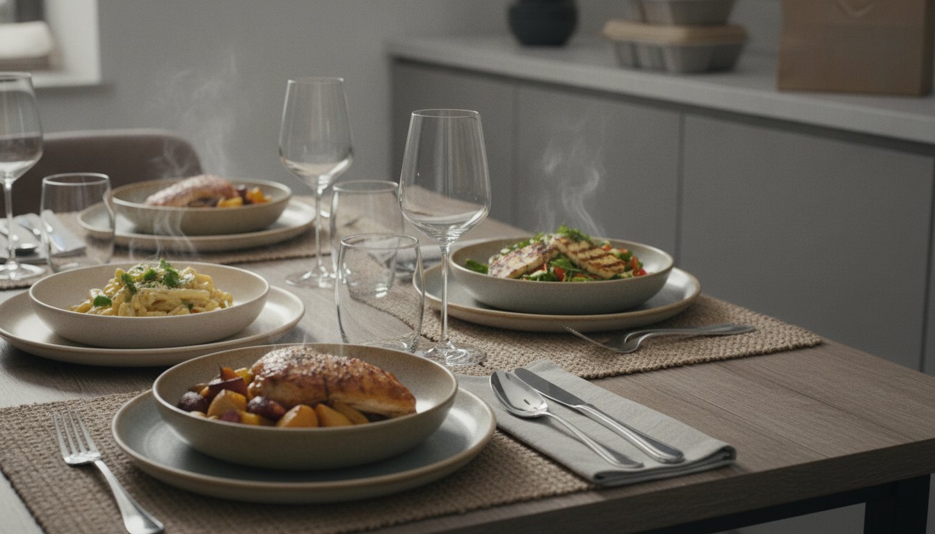 Mesa posta com pratos de cerâmica, talheres alinhados e taças, contendo comida recém-servida.