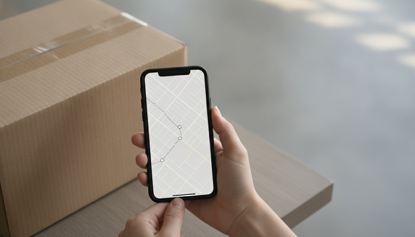 Mãos segurando um celular com mapa de entrega aberto ao lado de uma caixa de papelão.