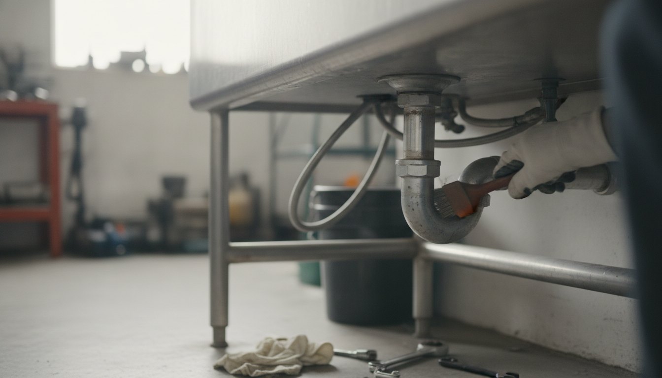 Profissional com luvas limpando a tubulação sob uma pia industrial de aço inox.