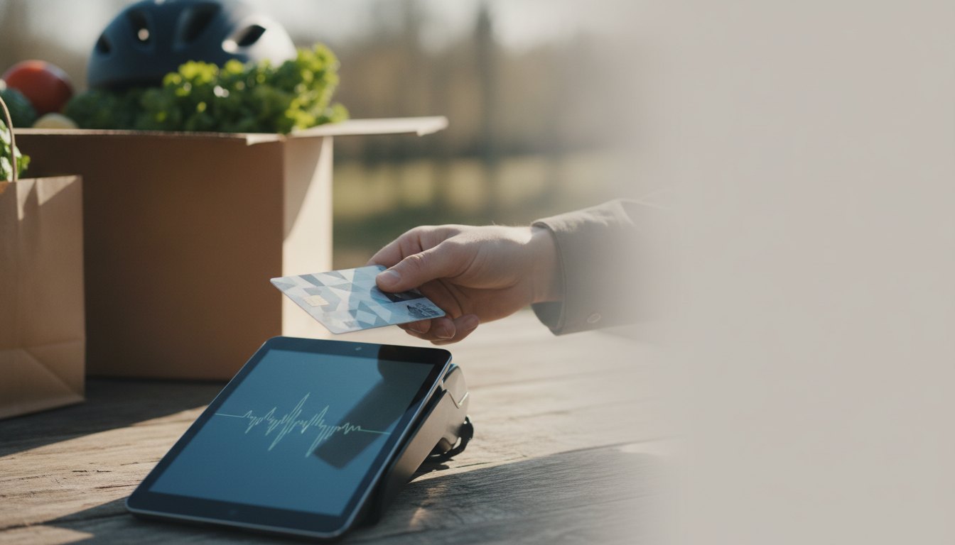 mão segurando cartão de crédito próximo ao visor iluminado de uma máquina de pagamento móvel