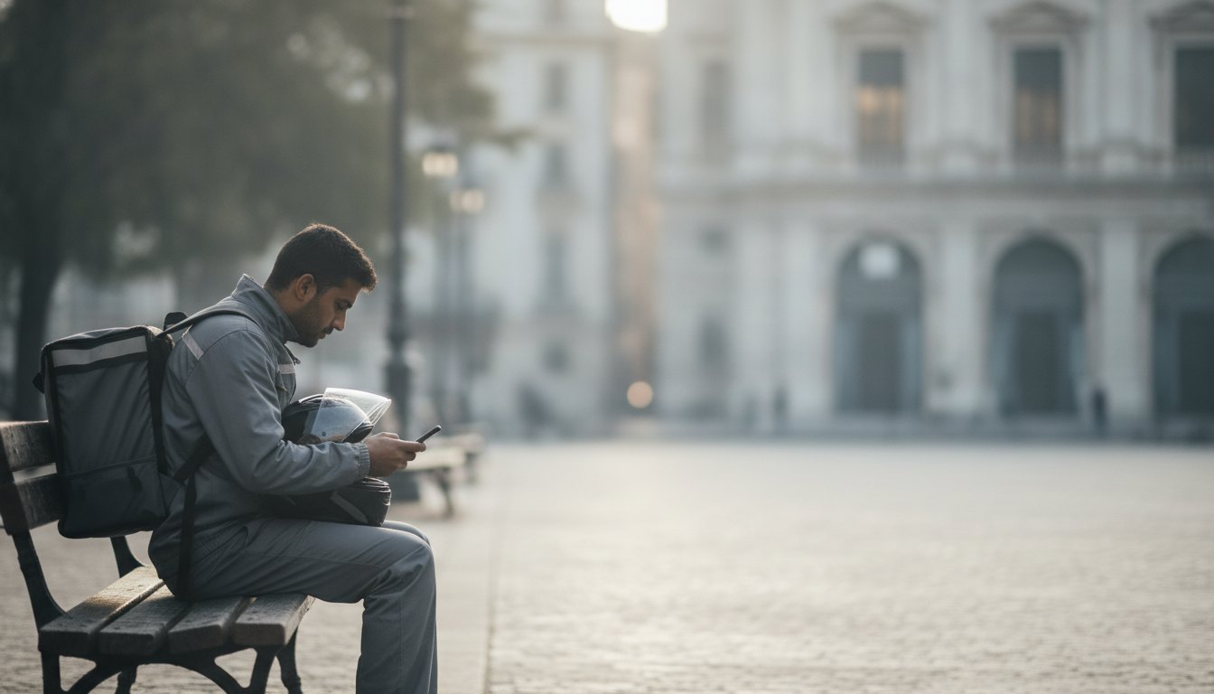 Entregador de aplicativo sentado em uma praça, segurando um capacete e olhando para o celular.