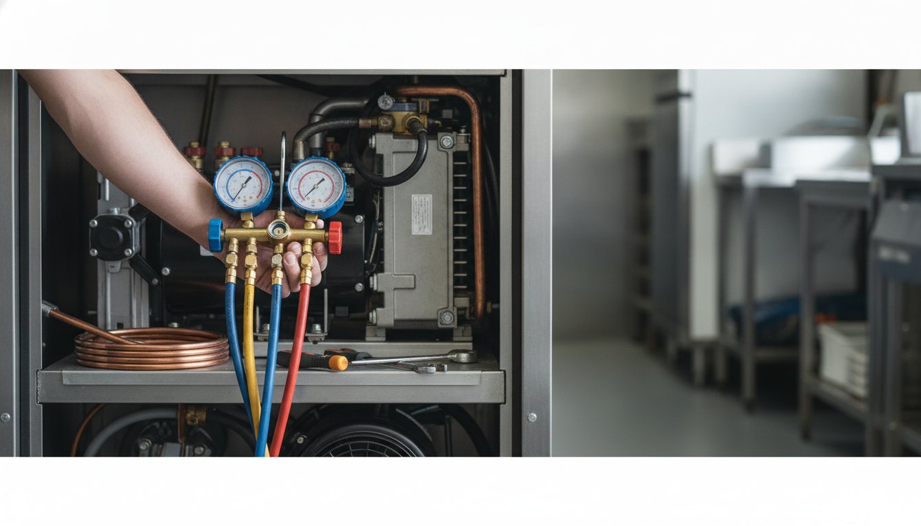 Técnico utilizando manômetro e ferramentas manuais para medir a pressão no motor de um refrigerador comercial.