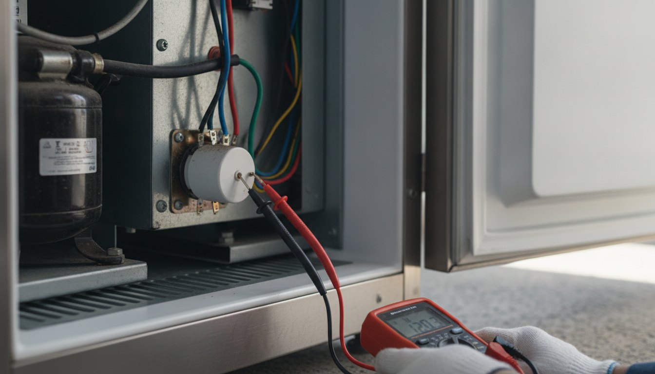 Técnico medindo a tensão elétrica nos conectores do relé de partida de uma geladeira comercial.