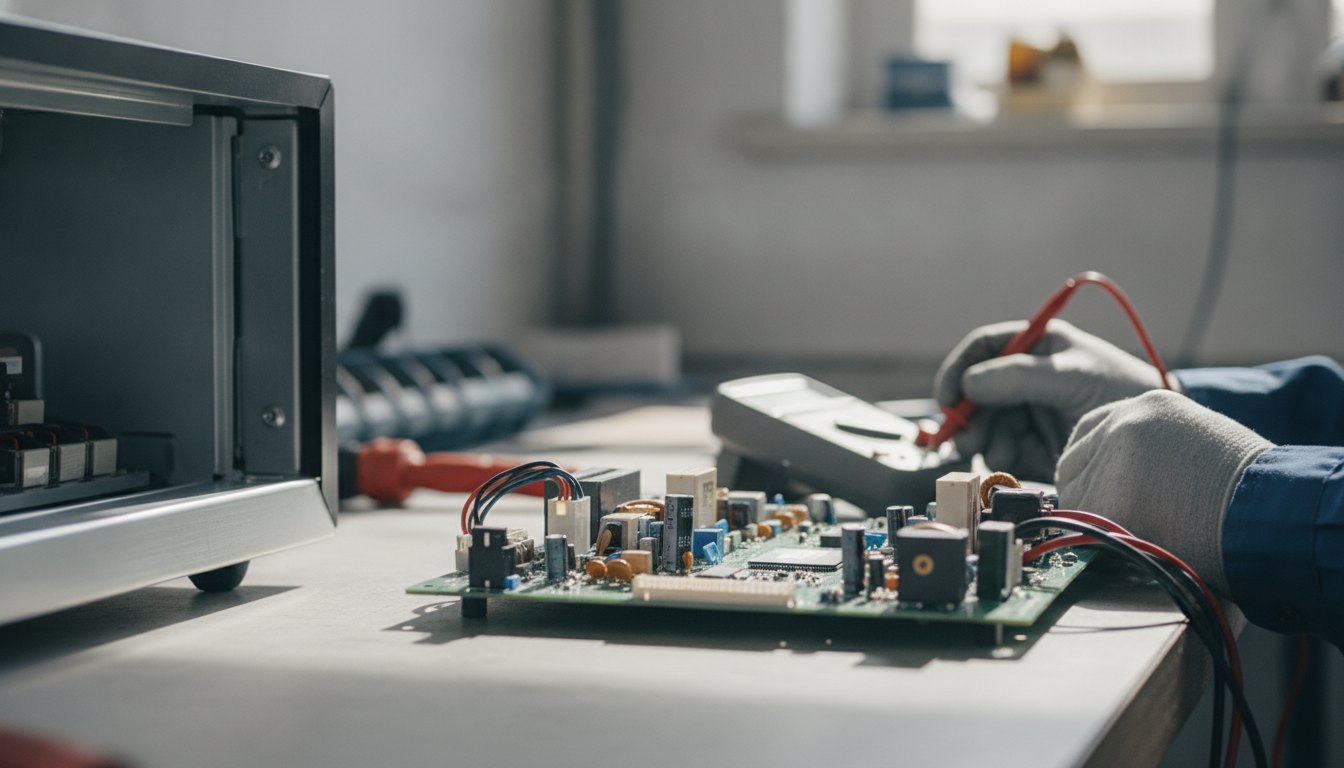 Técnico especializado testando componentes da placa eletrônica de uma geladeira comercial com um multímetro digital.