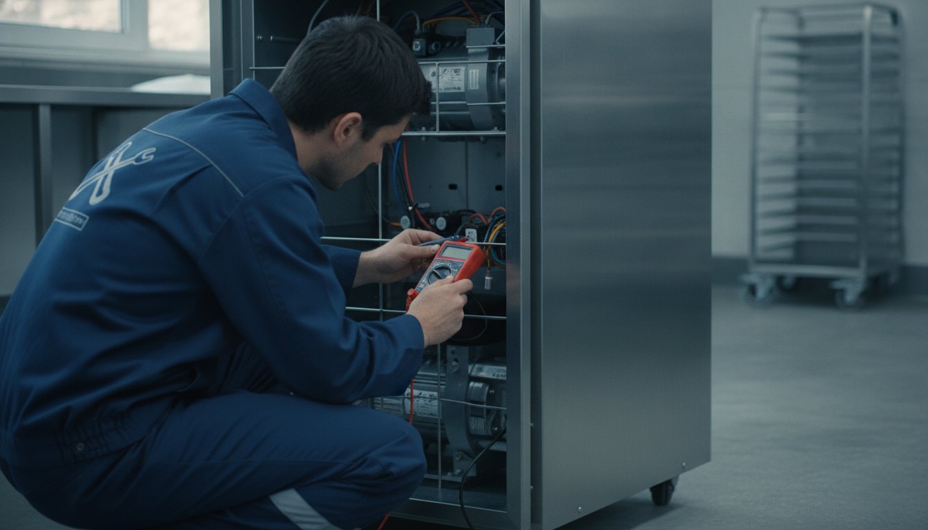 Técnico de uniforme inspecionando a parte traseira de uma geladeira comercial com um multímetro na mão.