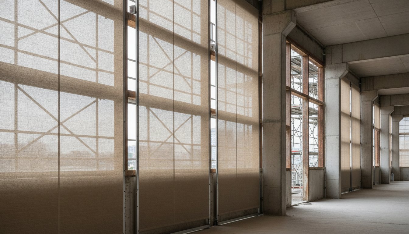 Estrutura de janelas amplas e vãos abertos em um galpão industrial com telas de contenção instaladas.