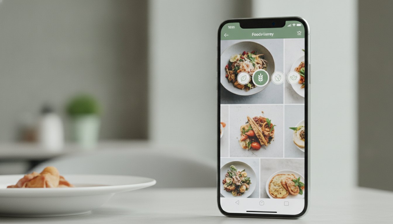 Tela de celular mostrando um aplicativo de comida com botões de filtro para pratos sem glúten.