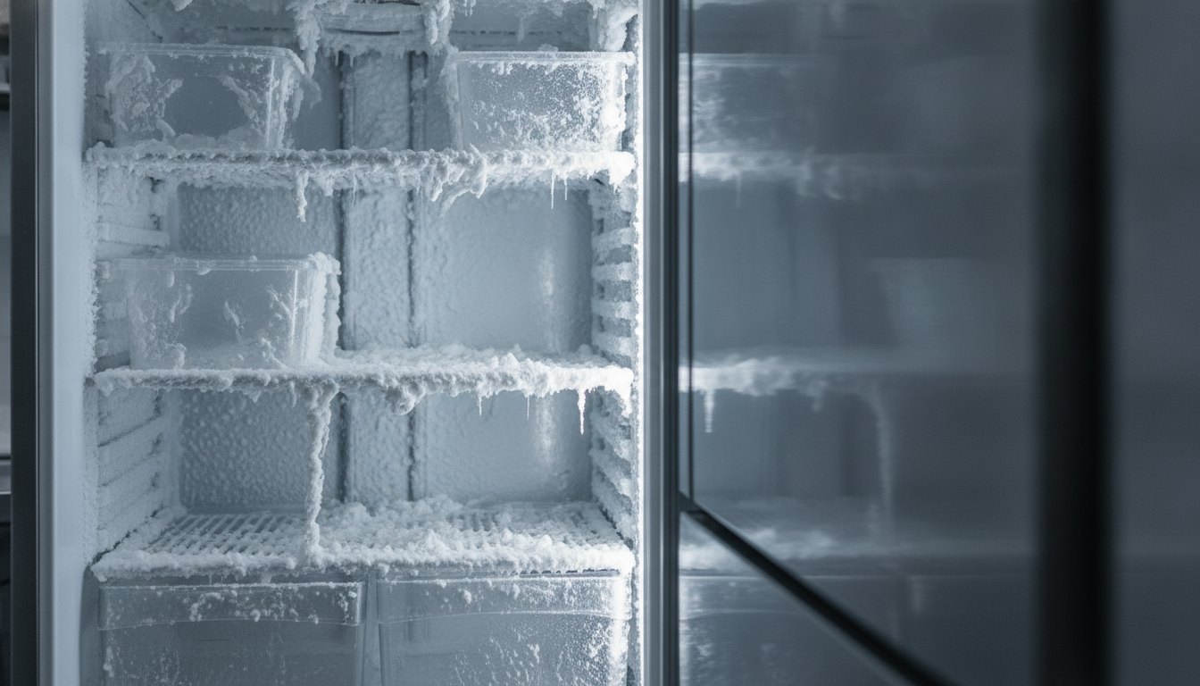 Interior de uma geladeira comercial com excesso de gelo nas paredes e prateleiras de armazenamento.