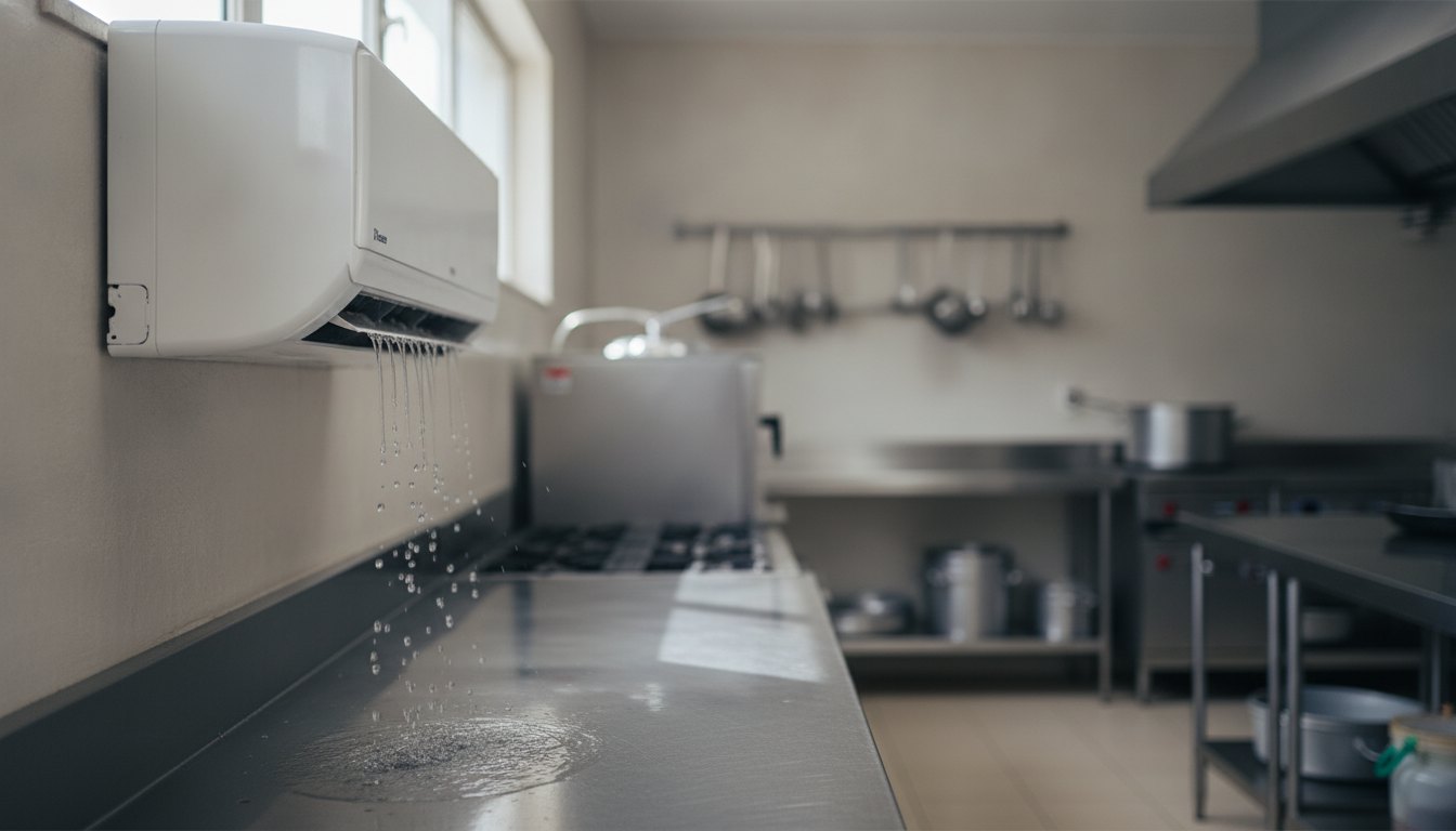 Unidade de ar-condicionado branca instalada na parede de uma cozinha industrial com gotas de água caindo.