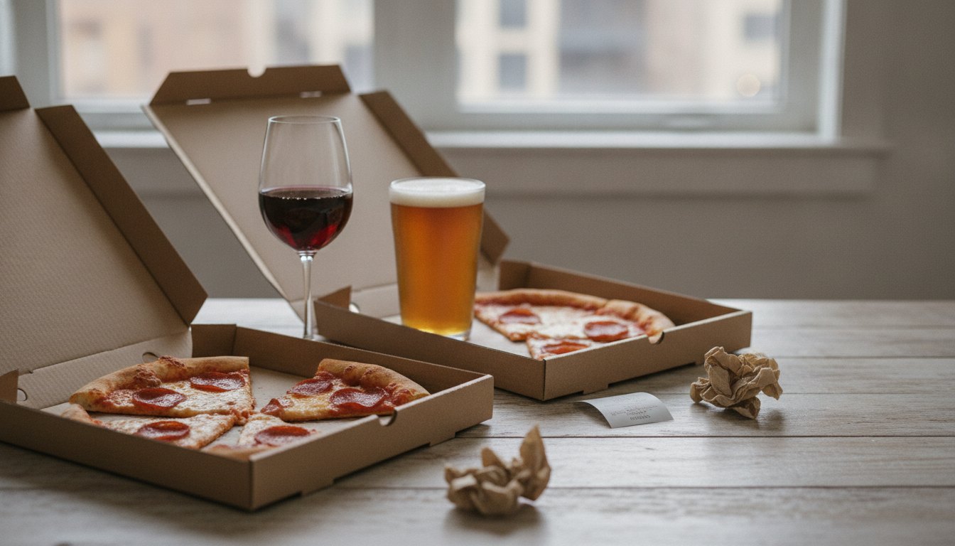 Taça de vinho tinto e copo de cerveja ao lado de caixas de papelão com pizza.