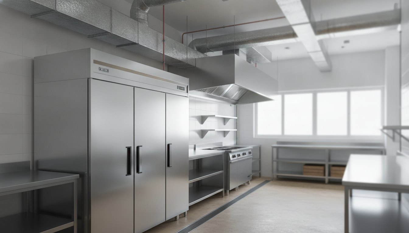 Cozinha industrial de delivery com refrigerador em aço inox e sistema de ventilação no teto.