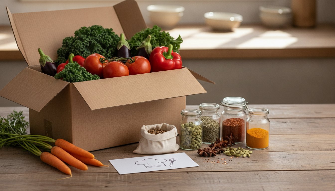 Caixa de papelão aberta sobre uma mesa com legumes frescos, temperos fracionados e cartão de receita.