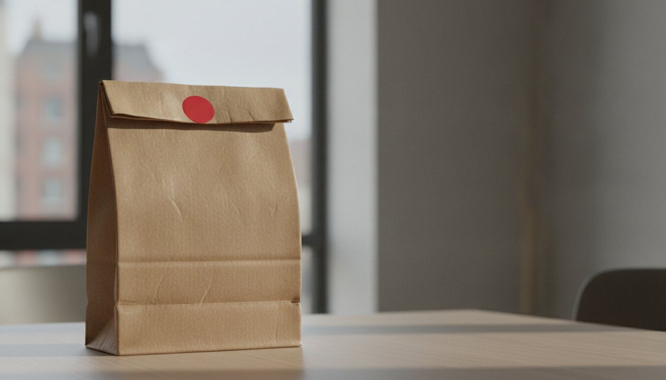 Sacola de papel pardo com um adesivo vermelho intacto fechando a borda superior.