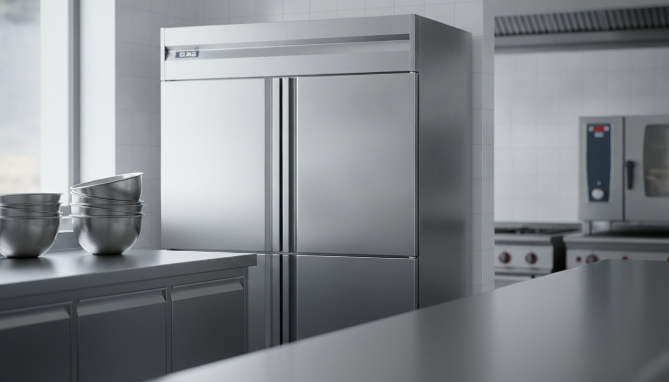 Geladeira comercial de inox ao lado de uma bancada de preparo em uma cozinha iluminada.