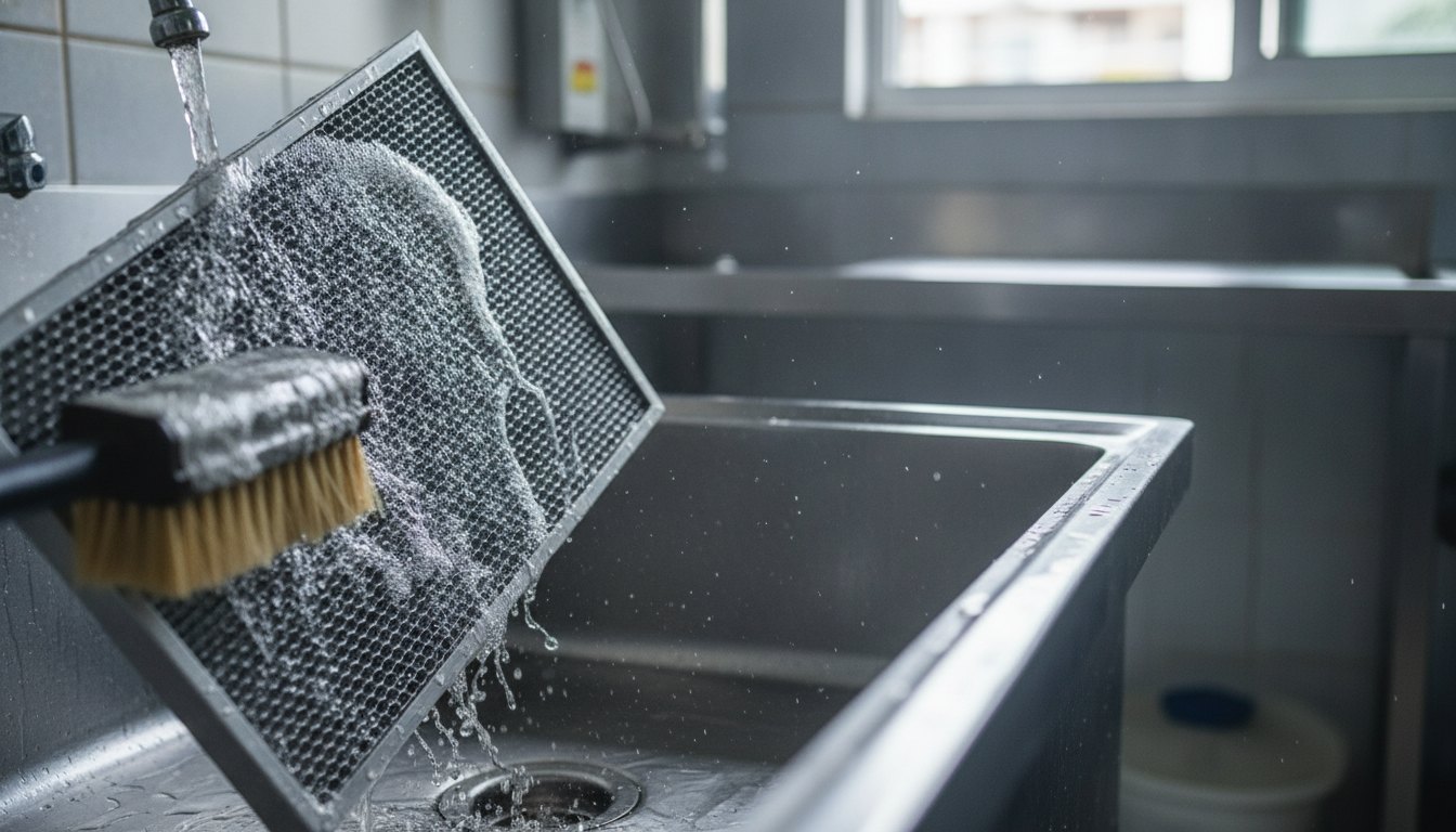 Filtro metálico de equipamento de refrigeração sendo limpo com escova e água corrente na pia.