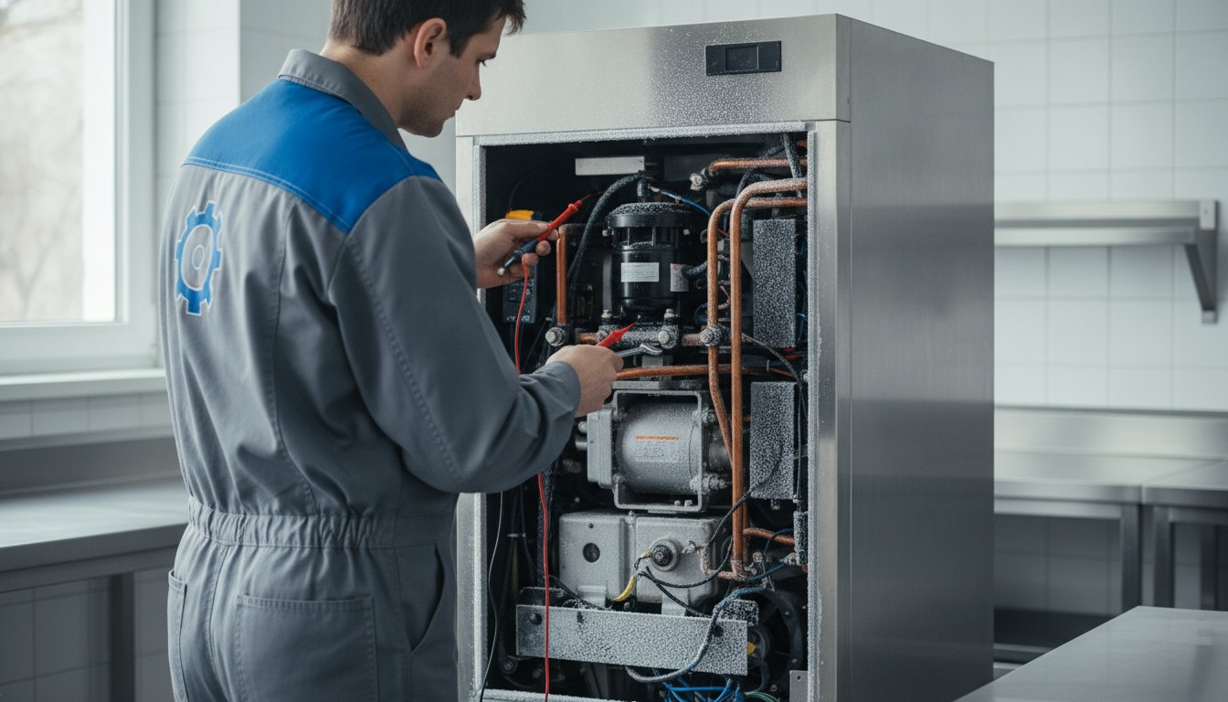 Técnico com uniforme de trabalho utilizando ferramentas para inspecionar o motor de uma geladeira comercial.