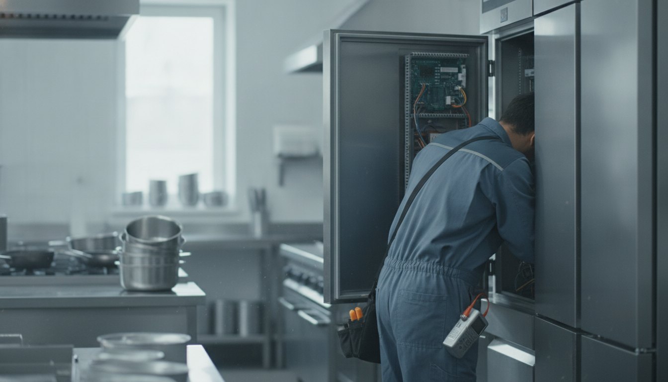 Técnico em uniforme de trabalho verificando o painel de um refrigerador industrial em uma cozinha.