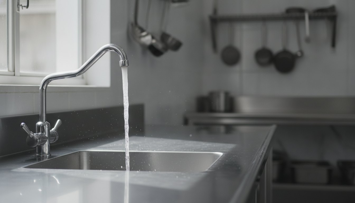 Torneira industrial de bancada jorrando água sobre uma pia de aço inox em cozinha comercial.