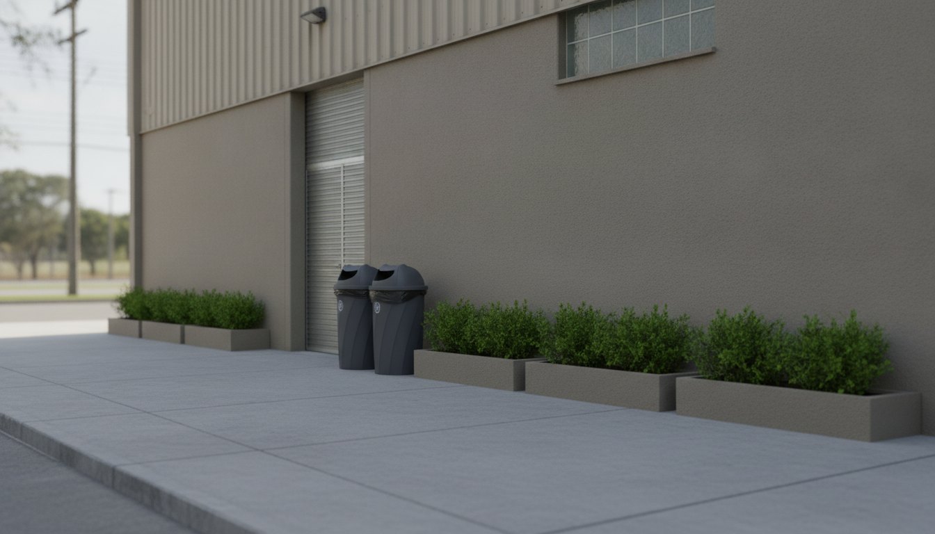 Entrada lateral de um galpão comercial com calçada limpa, lixeiras organizadas e pequenas plantas podadas.