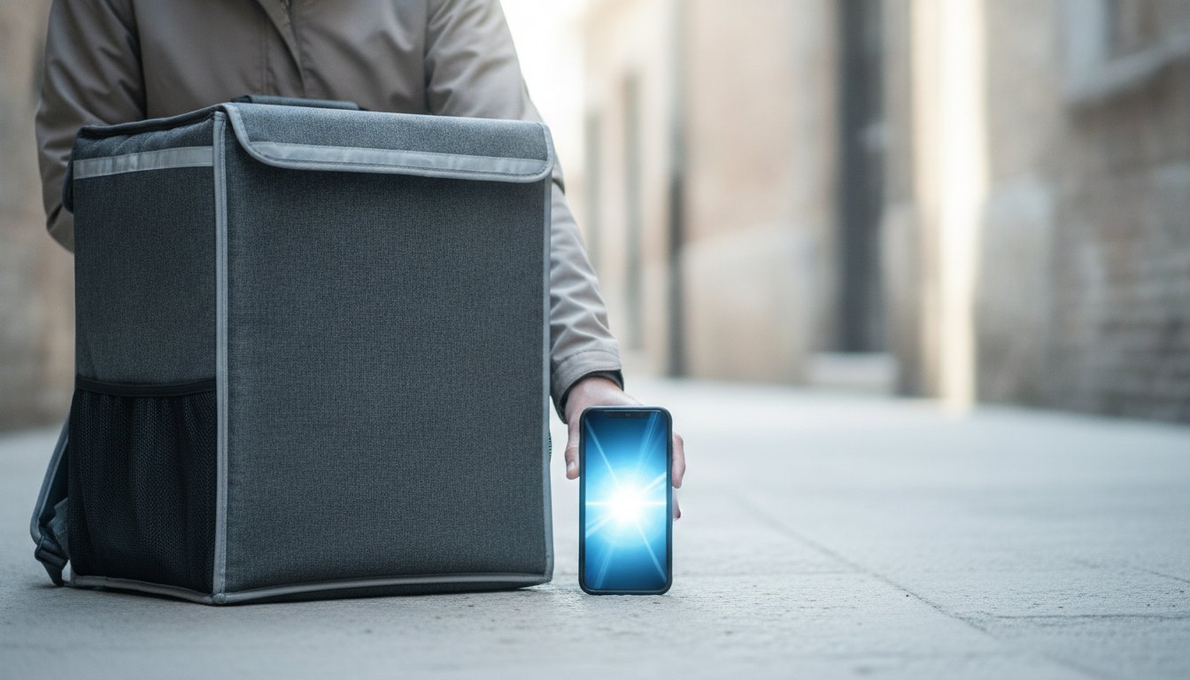 Entregador segurando um celular com a tela acesa ao lado de uma mochila térmica de entrega.